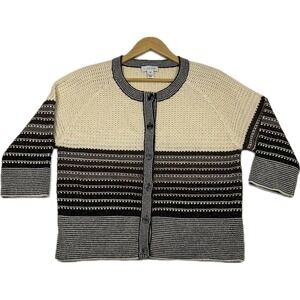 ST JOHN Sz 14 Sweater Knit Striped Color Block Cardigan Jacket Cream Wool chunky